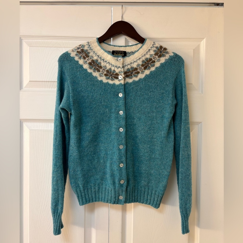 Vintage Thuleknit Teal Fair Isle Wool Button-Up Cardigan Sweater